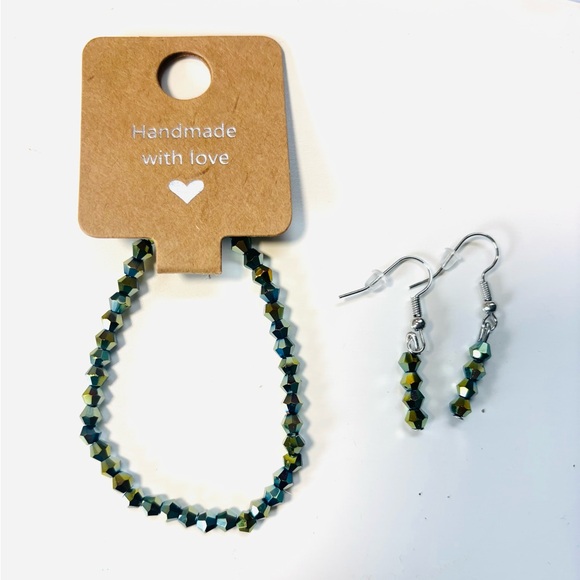 Handmade Jewelry - Handmade Facetted Crystal Glass Beaded Bracelet & Earrings Set Green